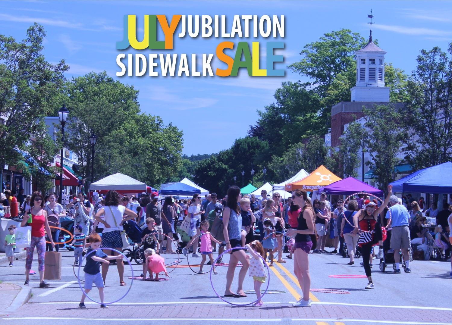 July Jubilation summer sidewalk sale shoppers enjoying entertainment and games.